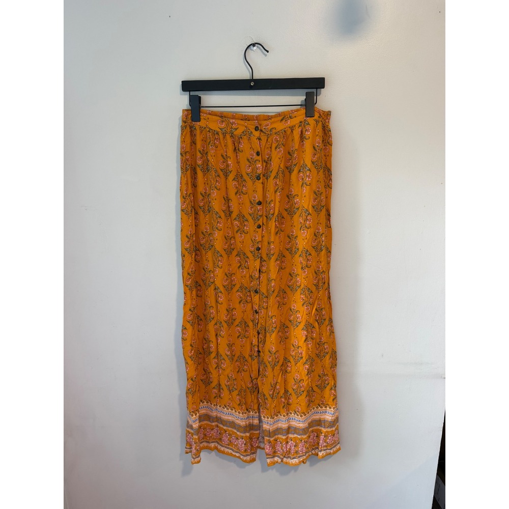 Xhilaration Mustard Yellow Floral Button Front Maxi Skirt Boho Festival Size M